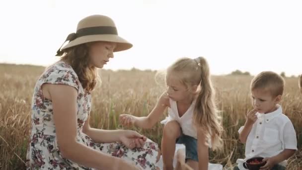 Οικογενειακό πικνίκ με παιδιά σε χωράφι με σιτάρι και μια κόρη ταΐζει τη μητέρα της με ψάθινο καπέλο με χερούλι. Αργή κίνηση — Αρχείο Βίντεο