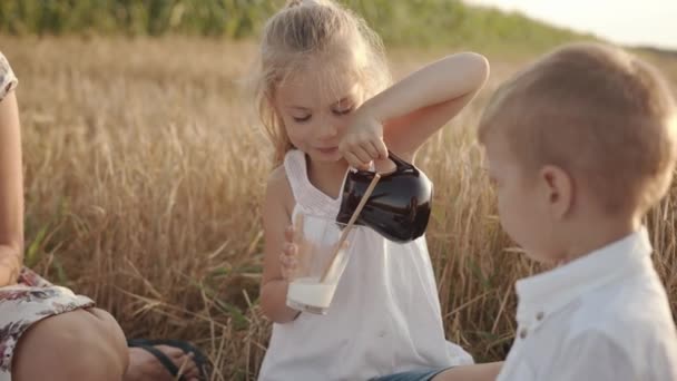 Una linda niña preescolar se sienta junto a su hermano menor en un picnic familiar en un campo de trigo y vierte leche de una jarra de barro. Movimiento lento — Vídeo de stock
