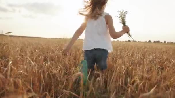 Uma menina em uma túnica branca corre para o sol através de um campo de trigo com um buquê de camomila na mão. Vista traseira. Movimento lento — Vídeo de Stock