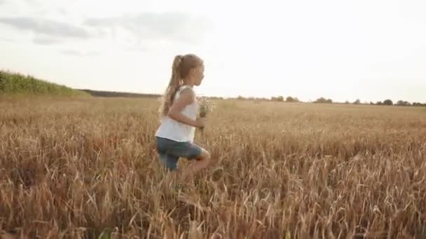 Uma menina loira com uma cauda na cabeça corre ao longo de um campo de trigo com um buquê de camomila no fundo do sol. Movimento lento — Vídeo de Stock