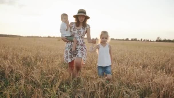 A mother holds her little son in her arms and leads her eldest daughter by the hand across a wheat field against the backdrop of the sun. Slow motion — Stock Video