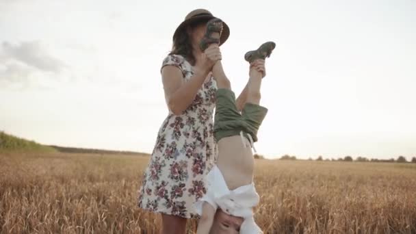 Una madre in cappello sta in piedi su un campo di grano con il suo piccolo figlio tra le braccia e baciarlo sulla fronte lo solletica. Rallentatore — Video Stock