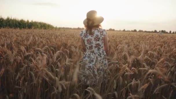 Příjemná mladá žena v klobouku a bílých letních šatech projde pšeničným polem a otočí se k fotoaparátu s úsměvem. Zpomalený pohyb — Stock video