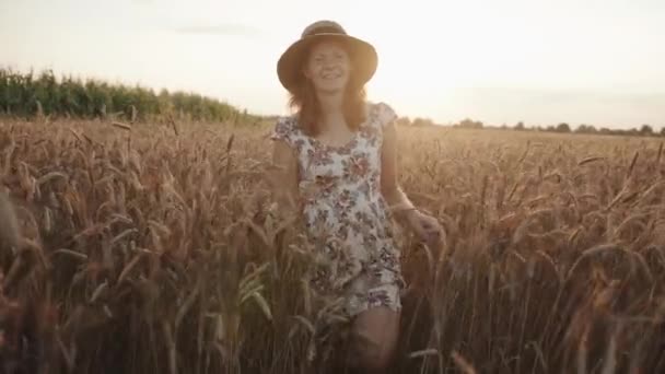 Seorang wanita muda tersenyum dalam topi dan gaun musim panas berjalan melalui ladang gandum dan menyentuh spikelet dengan tangannya. Gerakan lambat — Stok Video