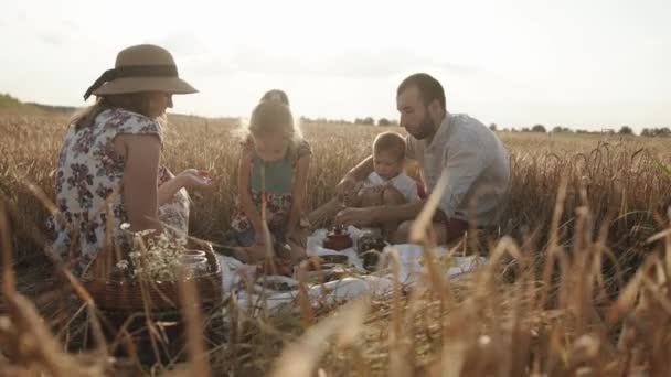 Anne babalar kızlarıyla birlikte buğday tarlasında piknik yapıyorlar. Bir sepet yiyecek ve içecekle. Mutlu aile kavramı. Yavaş çekim — Stok video