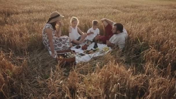 Uma família amigável com crianças senta-se em torno de uma mesa improvisada durante um piquenique em um campo de trigo em um dia ensolarado de verão. Movimento lento — Vídeo de Stock