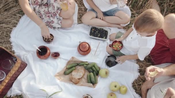 Un picnic familiar. Frutas y verduras con pan y platos de cerámica con comida sobre un mantel blanco. Concepto de comida saludable. Movimiento lento — Vídeo de stock