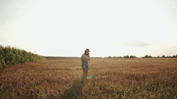 O femeie tânără cu o pălărie demontând o geantă de picnic de familie într-un câmp de grâu și fiica ei preșcolară mergând spre ea — Videoclip de stoc