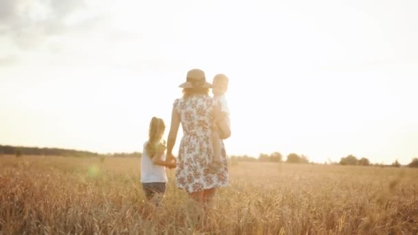 O mamă îmbrăcată într-o rochie de vară și o pălărie își ține fiul în brațe și își conduce fiica cea mare de mână pe un câmp de grâu. Slow motion — Videoclip de stoc