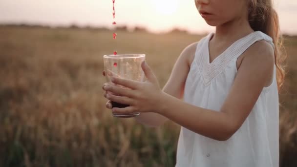 En söt liten flicka i en vit topp håller ett glas i händerna i naturen och en ström av röd juice hälls i den. Långsamma rörelser — Stockvideo