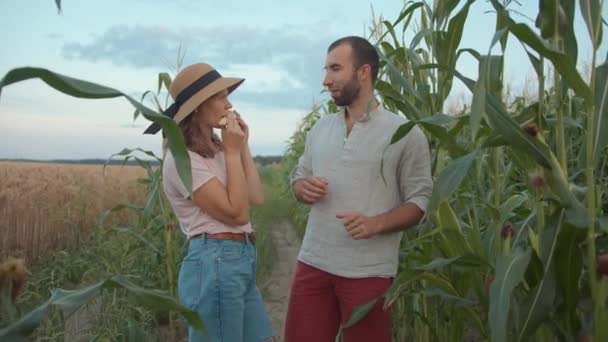 戴着帽子的年轻女子和她的丈夫正在田里散步，一边吃着两边的玉米 — 图库视频影像