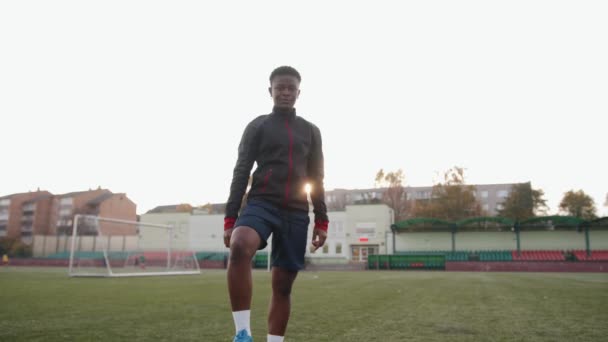 Junge Afroamerikanerin steht auf einem Fußballplatz vor dem Hintergrund eines Tores und setzt ihren Fuß auf einen Fußball — Stockvideo