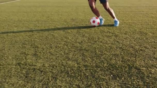 Primo piano di una gamba di un giocatore di calcio nero che pratica il possesso di palla in una sessione di allenamento. Calcio dribbling — Video Stock