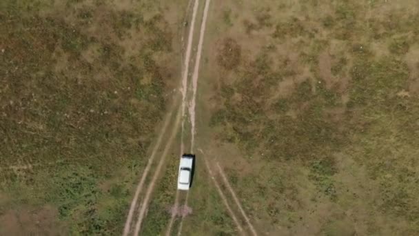 Vista superior do telhado de um carro branco dirigindo em uma pista bem desgastada em um prado em um dia de verão. Conceito de viagem — Vídeo de Stock