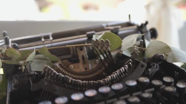 Close-up de uma máquina de escrever vintage preto cercado por galhos de eucalipto. Conceito de autoria e criatividade — Vídeo de Stock