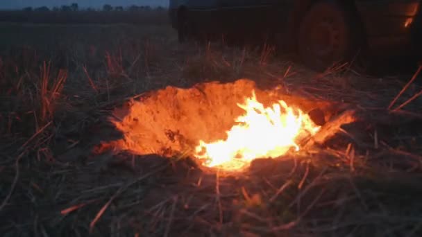 Ένα παλιό αυτοκίνητο παρκάρει γύρω από μια φωτιά σε ένα λάκκο σε ένα χωράφι με άχυρο σε μια συννεφιασμένη μέρα — Αρχείο Βίντεο