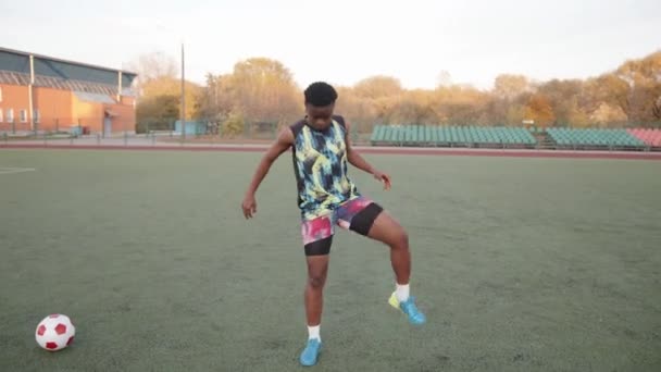Senyum gadis muda hitam pemanasan dan melakukan rotasi dan kemiringan tubuh sambil berdiri di lapangan sepak bola di samping bola — Stok Video