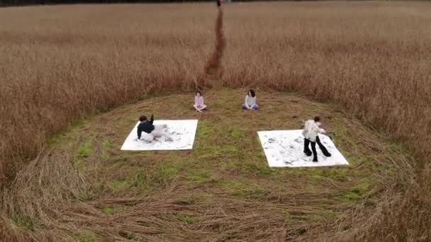 Strzelanie z drona show z taniec na płótno dla malarstwo w kółko na pole pszenica w styl awangardowy sztuka — Wideo stockowe