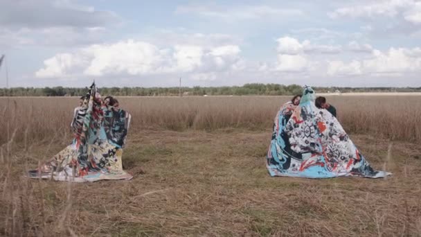 Young people participating in an alternative performance stand in groups behind canvases with abstract drawings in a circle on a wheat field — Vídeo de Stock