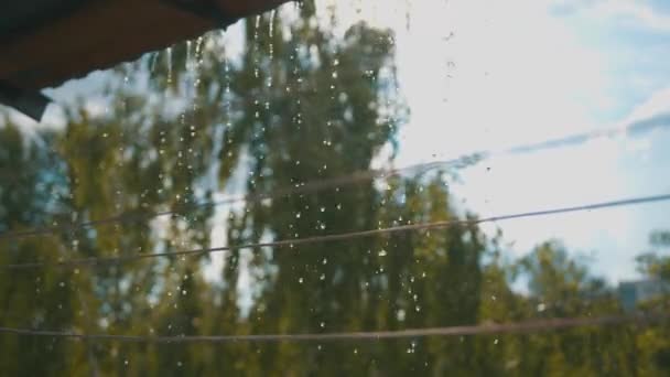 Regentropfen fließen in dünnen Strömen vom Dach des Gebäudes auf einem verschwommenen Hintergrund aus Bäumen und Himmel herab. — Stockvideo