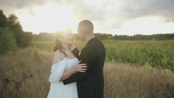 A menyasszony és a vőlegény ölelkeznek a kukoricamező szélén a nap sugaraiban, áttörve a felhőket. — Stock videók