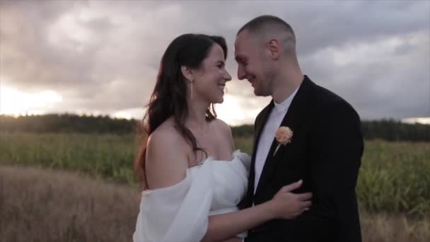 Mariés amoureux lors d'une promenade dans la campagne stand embrasser et regarder dans les yeux de l'autre — Video