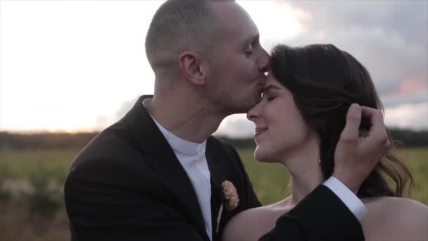 Retrato de um noivo em um terno com um boutonniere que gentilmente abraça a noiva e a beija na testa e lábios na natureza — Vídeo de Stock