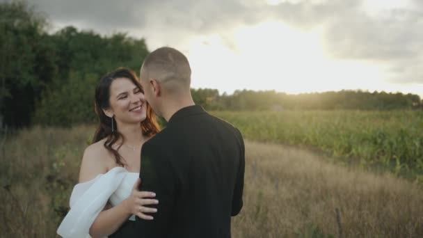 La novia y el novio se paran abrazados en el borde de un campo de maíz en los rayos del sol rompiendo las nubes — Vídeos de Stock