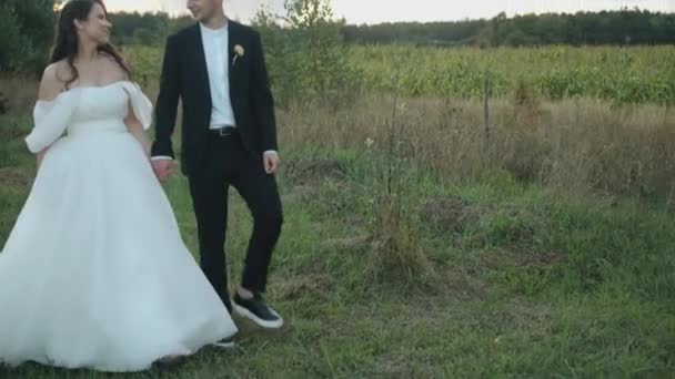 The groom hugs the bride and kisses her on the cheek at the decorated outdoor wedding venue — Stock Video