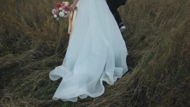 Die Frischvermählten stehen mit gesenkten Köpfen in der Natur und der Bräutigam küsst die Braut. Rückansicht. Zeitlupe — Stockvideo