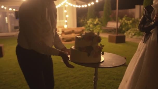 Ένας άντρας βάζει μια όμορφη τούρτα δύο επιπέδων διακοσμημένη με τριαντάφυλλα στο τραπέζι μπροστά στη νύφη και τον γαμπρό. Κοντινό πλάνο — Αρχείο Βίντεο