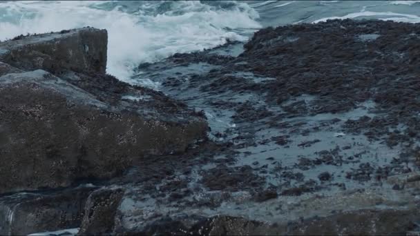 As ondas do mar rolam em uma costa rochosa e quebram nas rochas salpicando gotas de água. Movimento lento — Vídeo de Stock