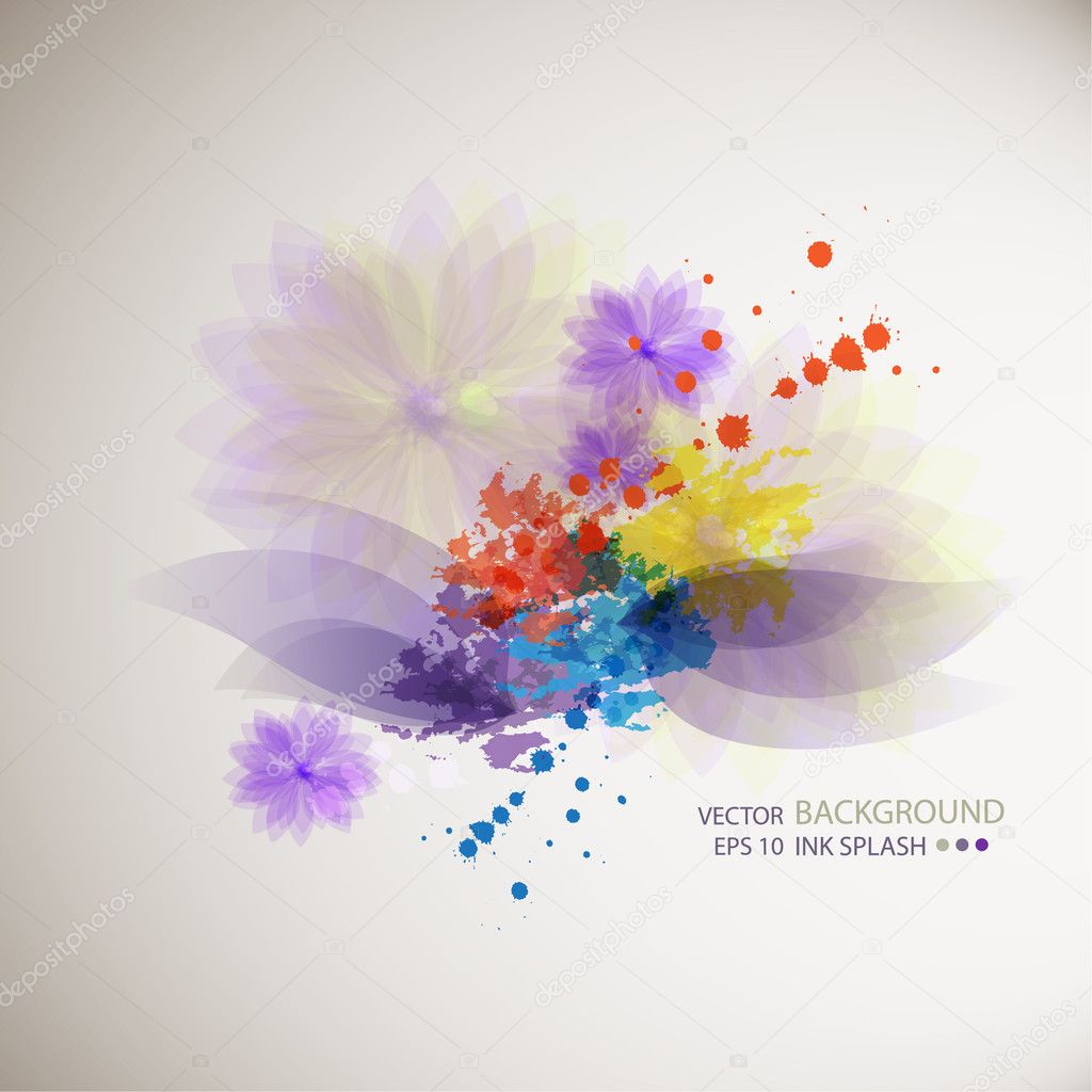 Blue, green, purple ink stains on white paper and colorful flowe