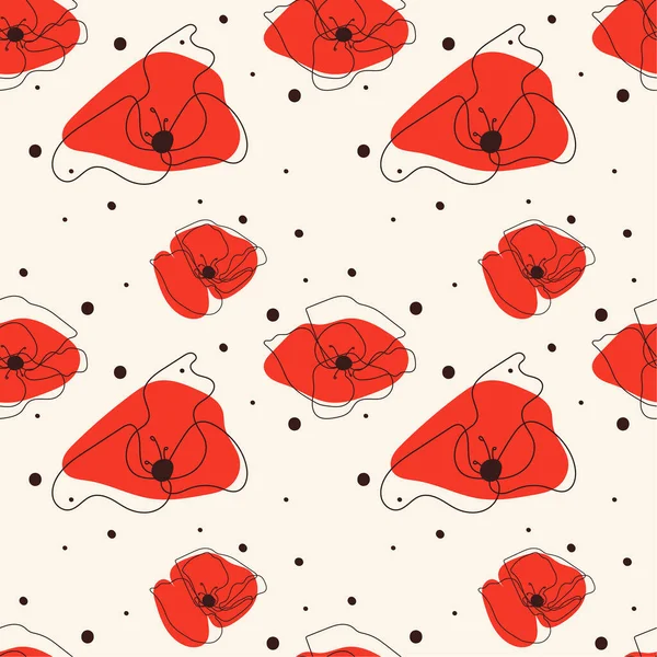 Vector seamless pattern. Stylish floral background with hand drawn red poppies and black dots.