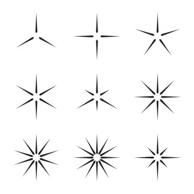 Vektör yıldızları parlayan simge kümesi. Parlak havai fişek, pırıltı, pırıltı. Parıltı sembolleri vektörü. Parlayan ışık efekti yıldız koleksiyonu.