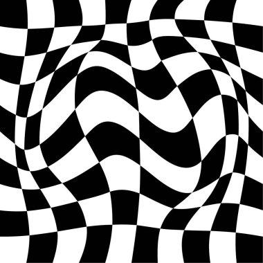 Dağılmış, deforme olmuş şebeke şablonları. Soyut dinamik warp. Vektör kare deformasyon arka planı. Siyah beyaz illüstrasyon.