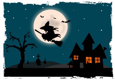 mezarlık ve cadı ile gece korkunç arka plan illüstrasyon