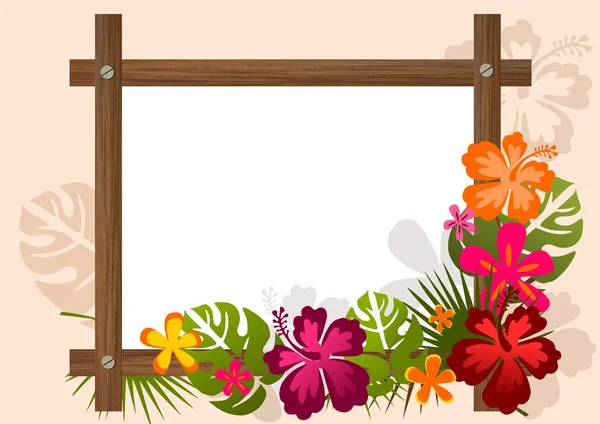 Decorative banner in tropical style with wooden frame and exotic plants — Stock Photo, Image