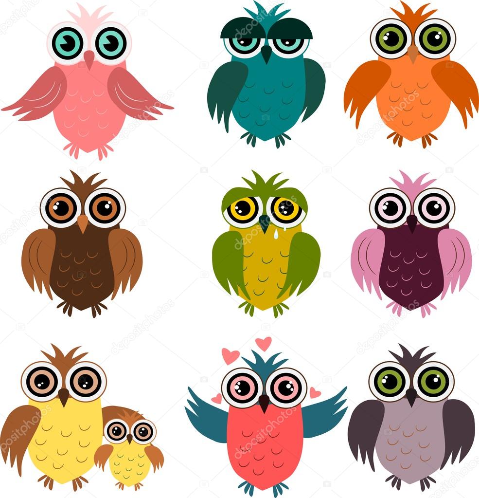 Six cartoon owls