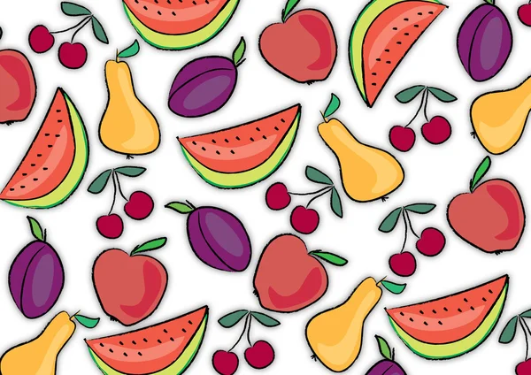 Tło z różnych owoców: gruszka, wiśnia, arbuz, śliwki i jabłka. — Zdjęcie stockowe