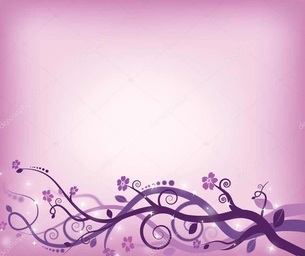Abstract illustration of swirly tree in violet colour with flowers, leafs and sparkles