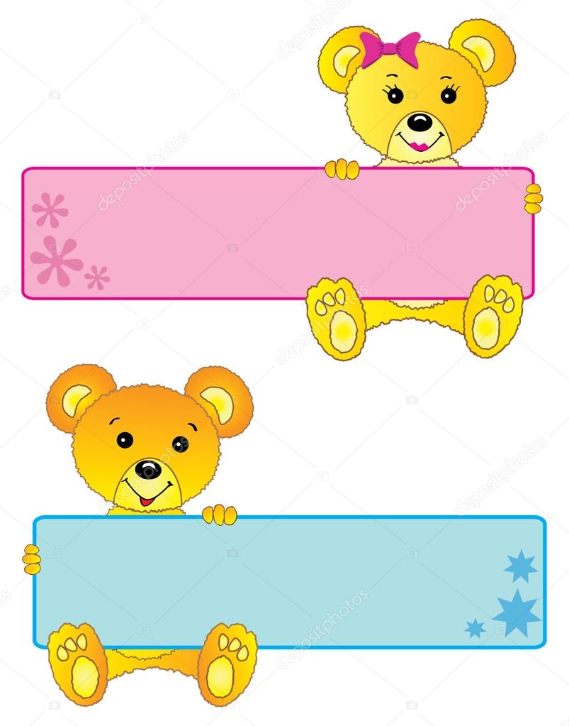 Teddy bears, cute girl and boy banners or frames