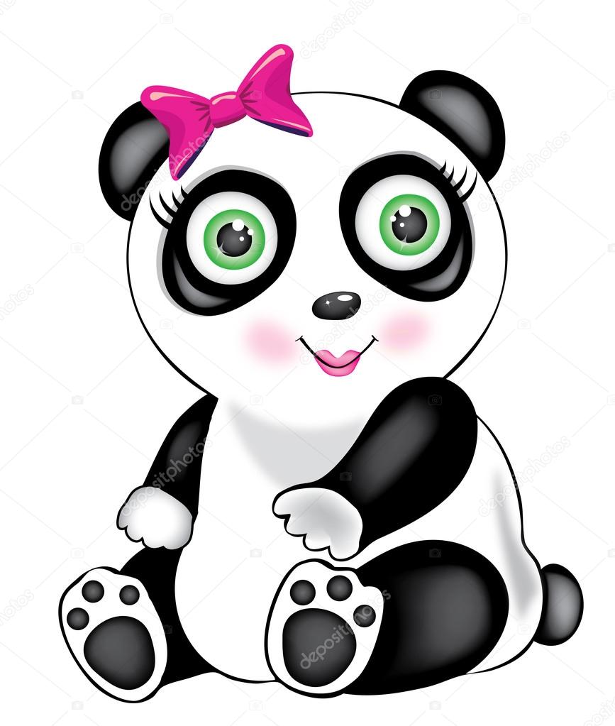 Illustration of the isolated panda girl with green eyes and pink bow