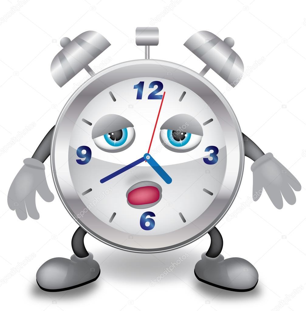 Illustration of metal clock with hands, feet and sleepy face