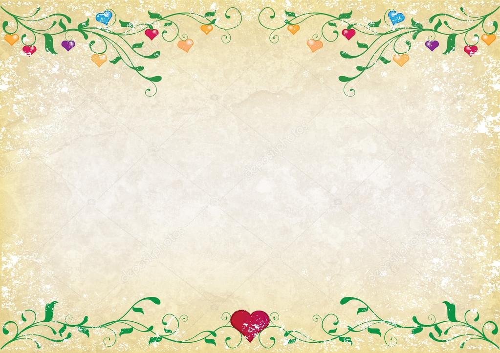 Grunge background with green swirls and hearts