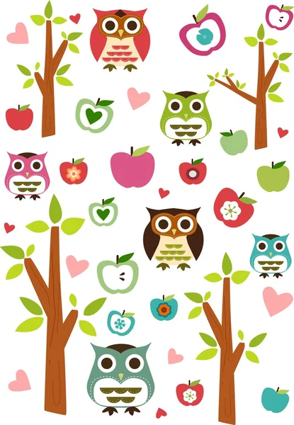 可爱的猫头鹰、 树木和苹果模式 — 图库照片