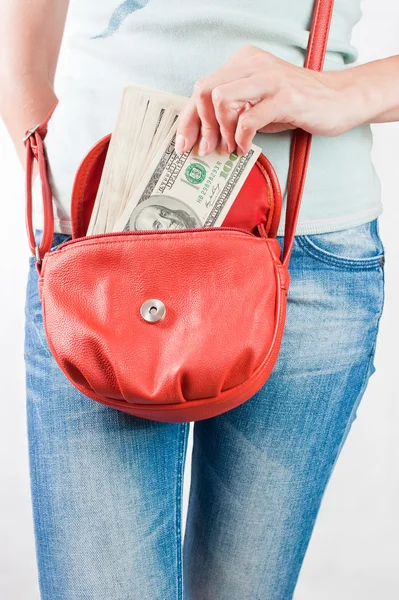 Money dollars in handbag — Stock Photo, Image