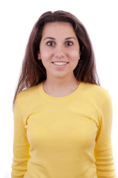 Krásná dívka v žlutém svetru — Stock fotografie