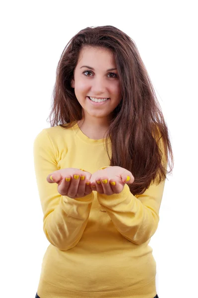 Beautiful girl in a yellow sweater — Stock Photo, Image