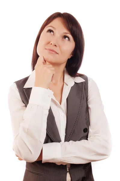 Young beautiful business woman thinking or making choice, isolated on white — Stock Photo, Image